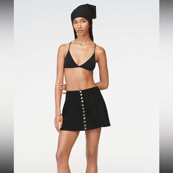 Zara Leather Suede Mid rise Mini Skirt STEVEN MEISEL Black button M NWT $230 - Picture 6 of 16